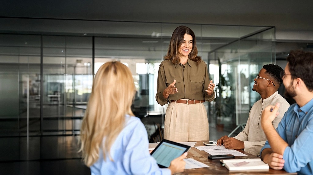 A person stands and gestures while leading a discussion with three colleagues seated around a table in a modern glass‑walled office.