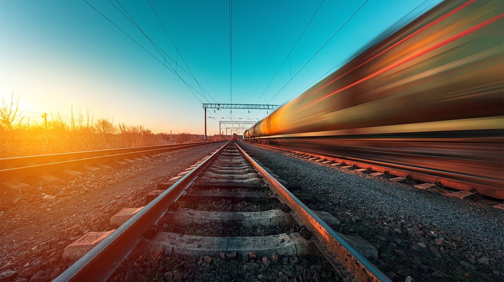 Railway tracks stretching into the distance at sunset, with a train passing at speed creating motion blur alongside overhead power lines and warm golden light.
