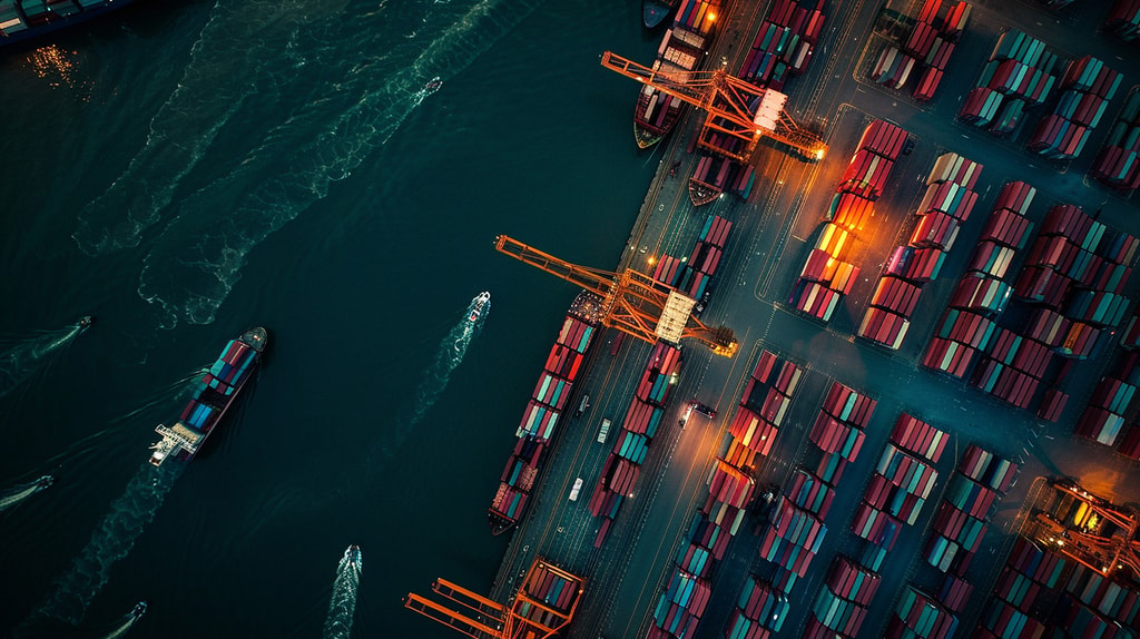Aerial view of a busy container port at dusk, featuring cargo vessels, illuminated gantry cranes, and rows of shipping containers alongside a harbour channel with several boats leaving visible wake trails.