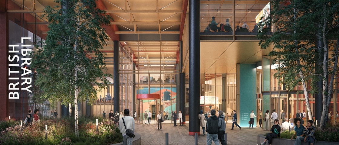 People walk through the landscaped entrance of British Library East, a timber-framed building with glass façades and social spaces.