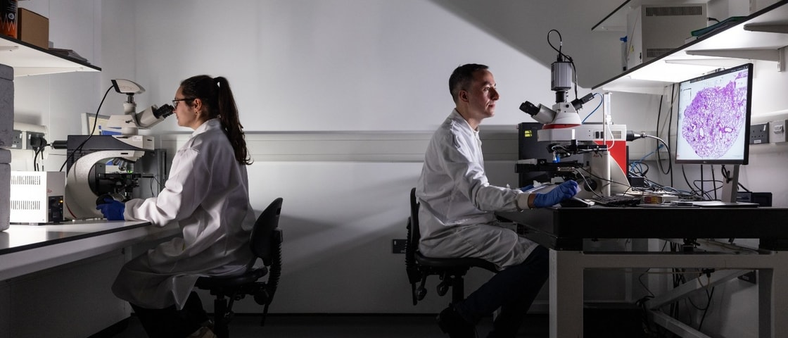 Laboratory interior at the Imperial National Heart and Lung Institute, showing researchers working at microscopes and imaging screens.