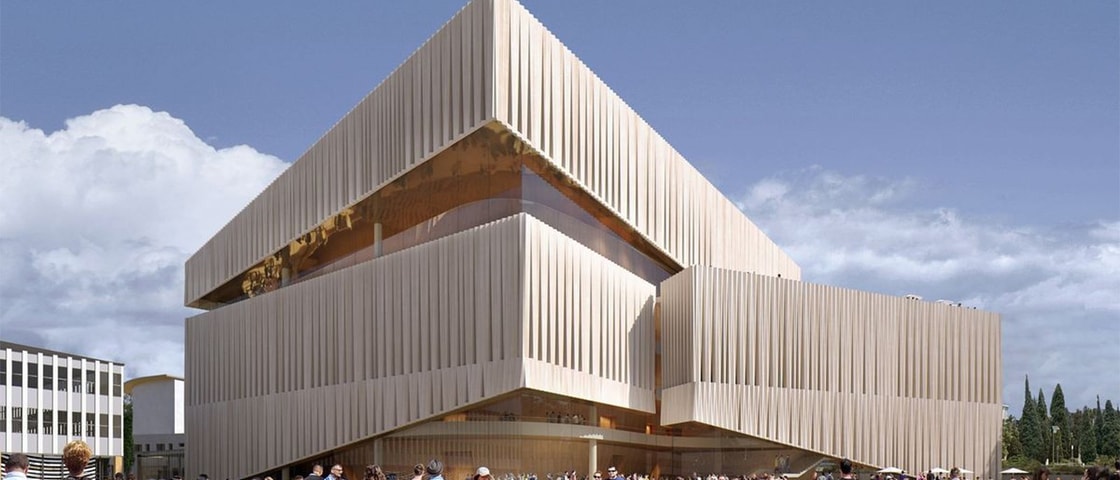 A wide exterior view shows a sculptural, contemporary theatre building with layered façades as people gather and walk across the public plaza.