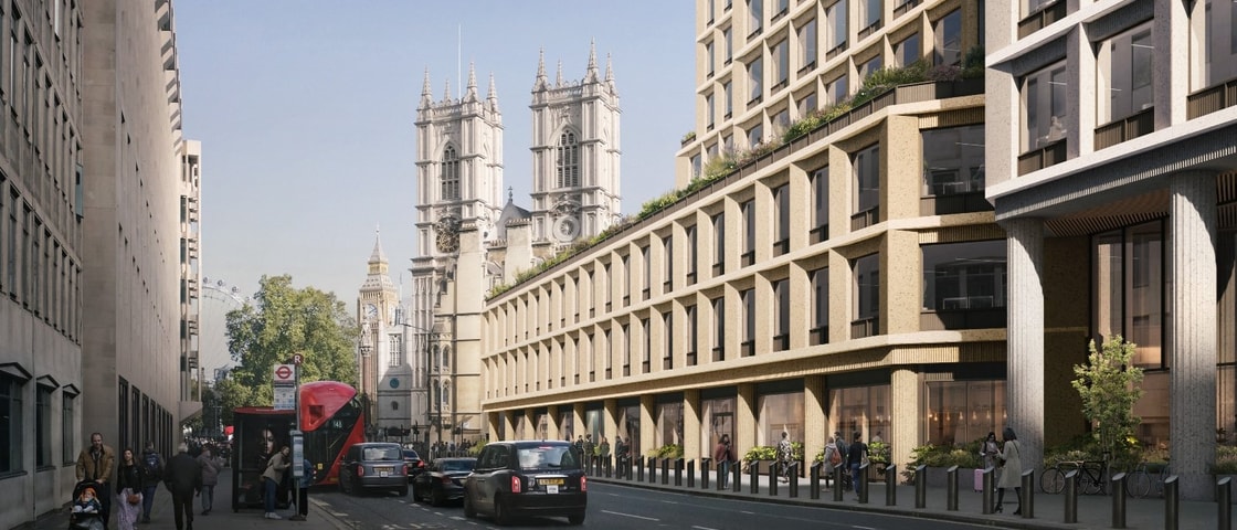 Street view of the One Victoria Street development featuring modern architecture alongside historic Westminster buildings.