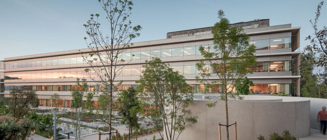 Modern three-story building surrounded by greenery, featuring large windows reflecting the sky at dusk. Pathway leads to the entrance.