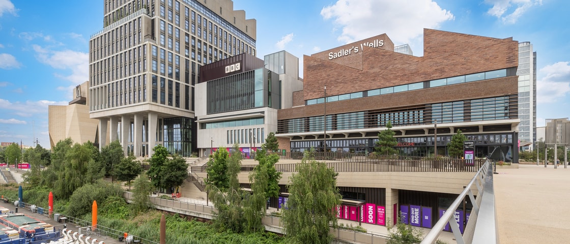 A wide view of East Bank in Stratford, featuring the BBC and UAL buildings alongside Sadler’s Wells theatre, with landscaped waterfront greenery, moored pedal boats and a pedestrian bridge under a bright blue sky.