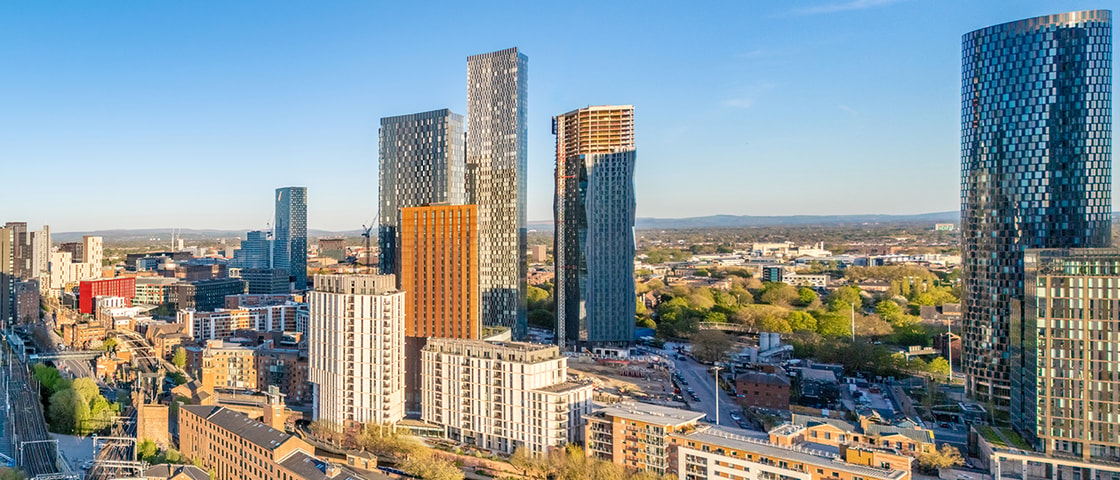 Aerial view of skyscrapers of Central Manchester, UK.