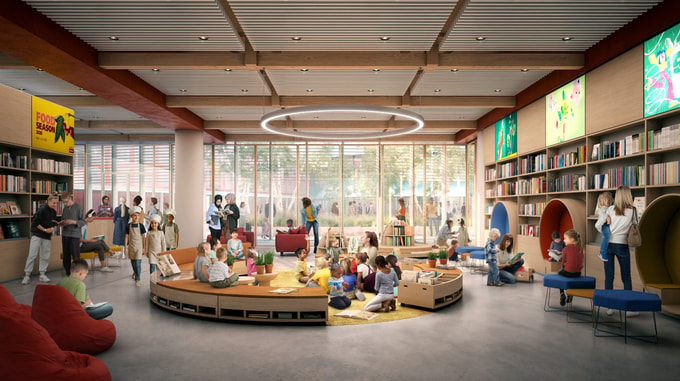Children and adults use a bright library learning space with bookshelves, reading areas, activity zones and large windows.