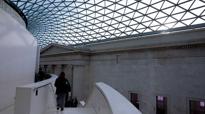 Close up of the intricate roof design in the main hall at the British Museum