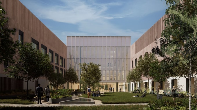 Courtyard view of the European Centre for Medium-Range Weather Forecasts (ECMWF) Headquarters, featuring landscaped gardens, trees, and seating areas surrounded by modern glass and wood-clad buildings.