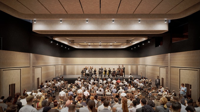 A CGI view of the Imperial Great Hall showing an audience seated in front of a stage where a group of musicians are performing in a modern, wood‑panelled auditorium.