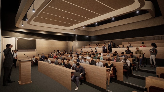 A CGI of a modern lecture hall showing an audience seated in tiered rows while a presenter stands at the front beside a podium.