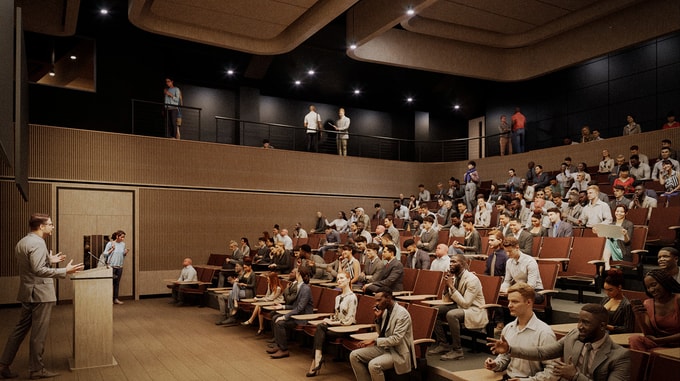 A CGI of a modern lecture theatre showing a presenter at a podium addressing a large audience seated in tiered rows, with additional people standing along the upper balcony.