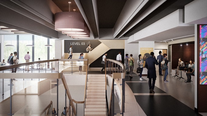  A CGI of a bright, modern atrium space with a central staircase, open walkways, and people moving through and gathering across different levels.