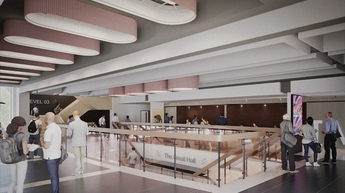 A CGI of a spacious atrium area showing people walking and gathering around the central balcony overlooking The Great Hall, with modern lighting and open circulation spaces across multiple levels.