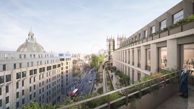 Balcony view from One Victoria Street overlooking Westminster landmarks and a busy London street.
