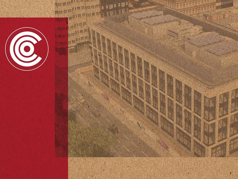 Illustrative design of Closing the Circle branding overlaid on image of Mace office construction project