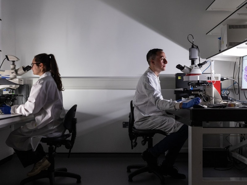 Laboratory interior at the Imperial National Heart and Lung Institute, showing researchers working at microscopes and imaging screens.