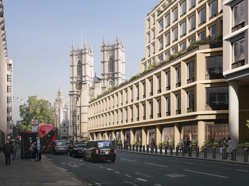 Street view of the One Victoria Street development featuring modern architecture alongside historic Westminster buildings.