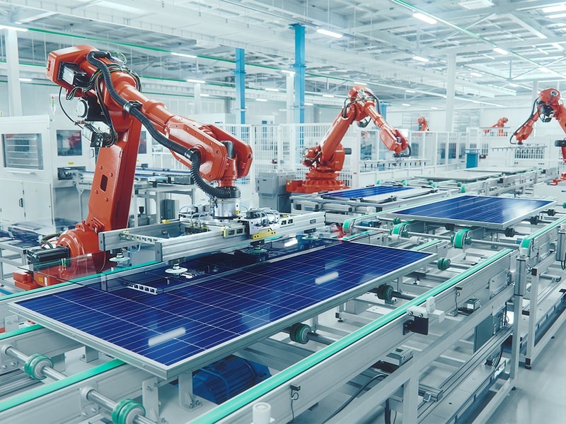 A row of orange robotic arms assembles large blue solar panels on an automated production line inside a bright, modern manufacturing facility.