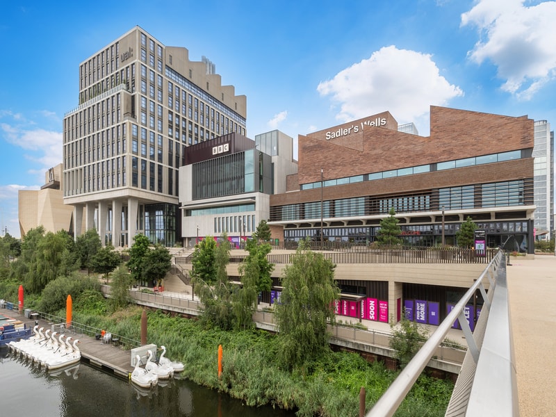 A wide view of East Bank in Stratford, featuring the BBC and UAL buildings alongside Sadler’s Wells theatre, with landscaped waterfront greenery, moored pedal boats and a pedestrian bridge under a bright blue sky.