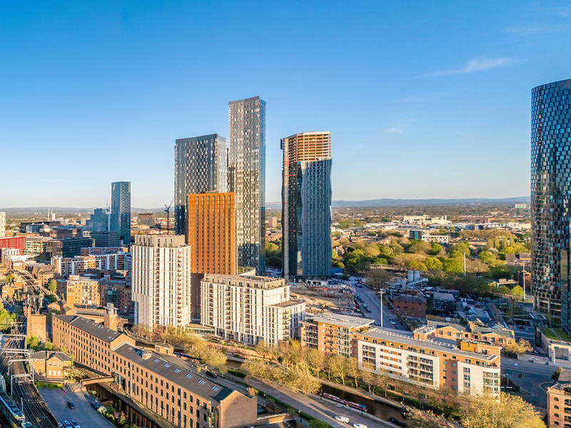 Aerial view of skyscrapers of Central Manchester, UK.